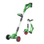 18V cordless electric lawn mower with brushless motor cutting grass in garden