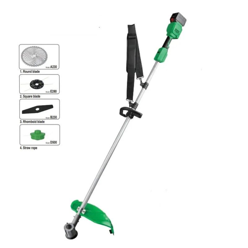 Small cordless lawn mower with square blade trimming flat garden lawn