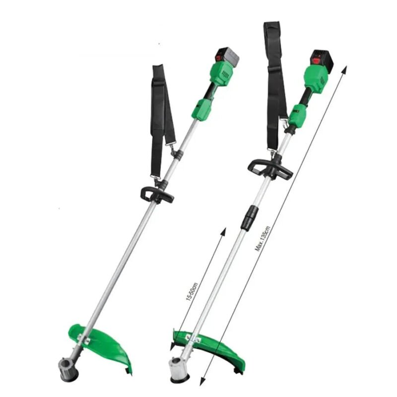 Cordless lawn mower with battery and charger trimming garden grass